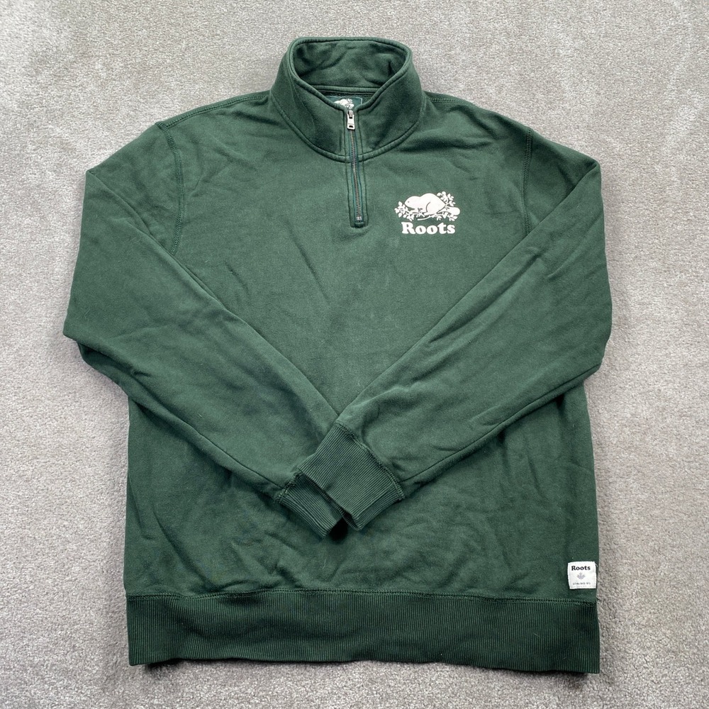 Roots 1/4 Zip Sweatshirt Mens Large Green Beaver Logo Fleece Pullover